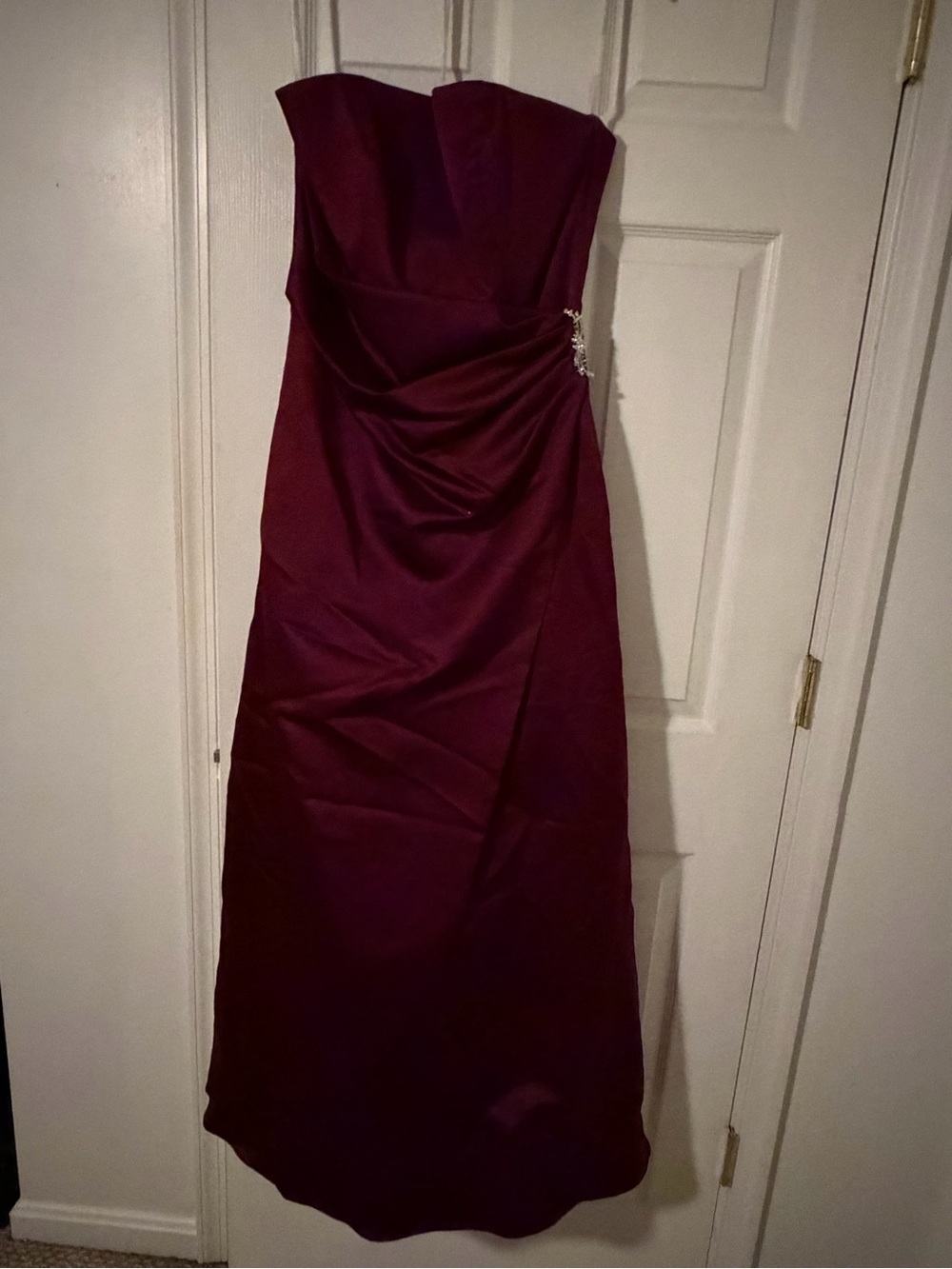 David's Bridal Strapless Burgundy Satin Evening Gown